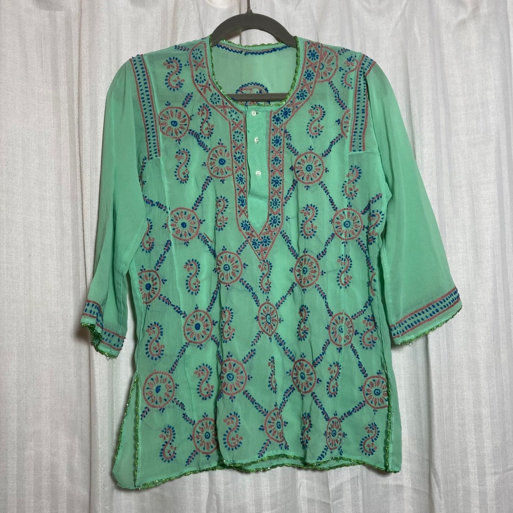 Vintage Mint Green Embroidered Tunic Top Boho Henley 3/4 Sleeve Paisley S *Read